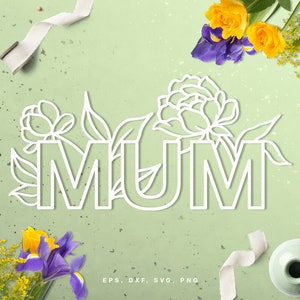 May include: White outline of the word "MUM" with floral designs around the letters. The background is a light green color with yellow and purple flowers.