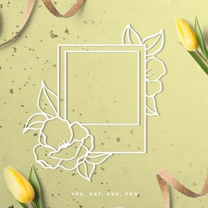 May include: A white outline of a picture frame with a floral design on a light green background. The floral design includes a large flower and leaves. The text "EPS, DXF, SVG, PNG" is at the bottom of the image.