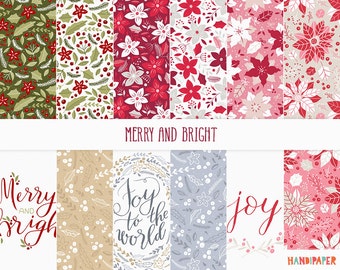Digital Christmas scrapbooking paper: "Merry and Bright", printable download, hand lettering titles, poinsettia flower, seasonal decoration
