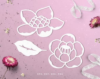 Set of floral cut files (svg, dxf, png, eps) for use with Silhouette, Cricut, in paper crafting, scrapbooking projects, card making.