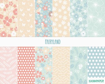 Digital scrapbooking paper collection: "Fairyland", clip art, printable download, flowers, fairy, girly pattern, nursery, jpg, png