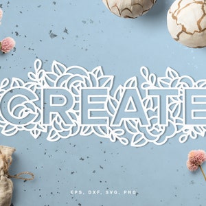 May include: White outline of the word "CREATE" with a floral design around the letters on a light blue background.