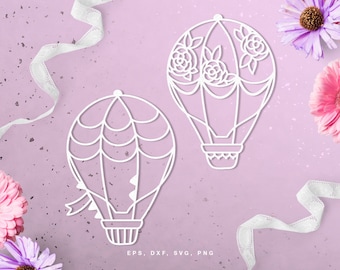 Floral hot air balloon cut file set | Digital Scrapbook | Paper cut | dxf svg png eps | Silhouette  Cricut | Card making | Printable stencil