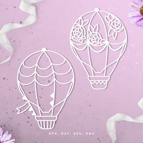 Floral hot air balloon cut file set | Digital Scrapbook | Paper cut | dxf svg png eps | Silhouette  Cricut | Card making | Printable stencil