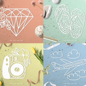 May include: Four white paper cutouts on a colourful background. The cutouts include a diamond shape with floral accents, a pair of flip-flops with floral details, an instant camera with floral accents, and an airplane with clouds.