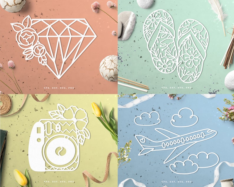 May include: Four white paper cutouts on a colourful background. The cutouts include a diamond shape with floral accents, a pair of flip-flops with floral details, an instant camera with floral accents, and an airplane with clouds.