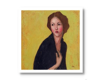 Vintage Style Female Portrait Artwork, Romantic Woman Portrait on Yellow Background, Vintage Lady Fine Art Print, 20cm x 20cm, Gift for Her