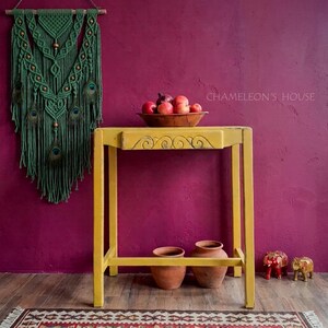 Painted Yellow Console Table with Drawer, Distressed Boho End Table, Narrow Hallway Storage, Country Chic Lamp Table