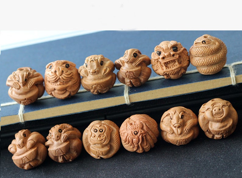 20mm Natural Mahogany Beads Chinese Zodiac Carved Animals Mala Beads Yoga Mala Jewelry Finding Beading Supplies