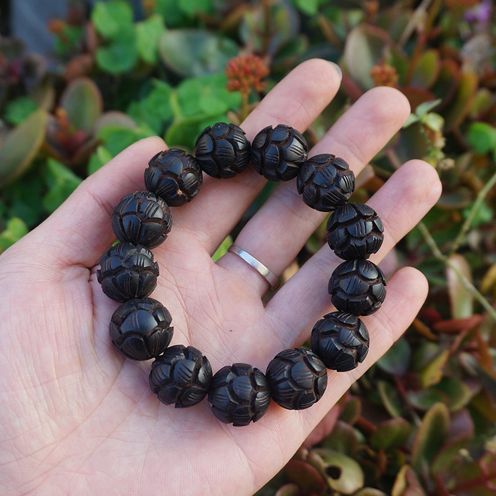 18mm 20mm Natural Ebony Wood Beads Carved Lotus Ebony Mala image 0.