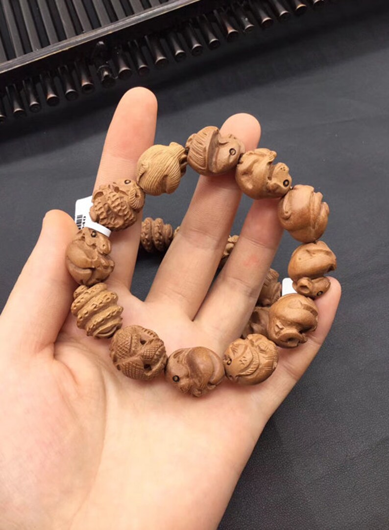 20mm Natural Mahogany Beads Chinese Zodiac Carved Animals Mala Beads Yoga Mala Jewelry Finding Beading Supplies