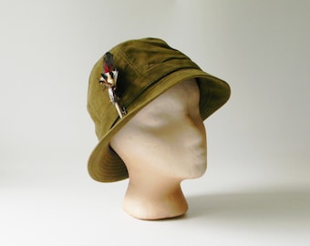 Vintage Olive Green Felt Fedora with Feather