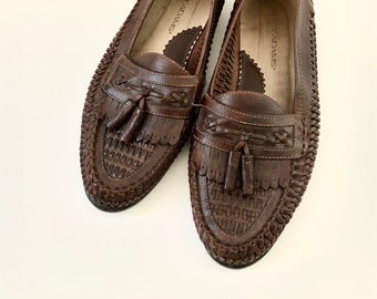 Bass Loafers Woven Leather Tassel Kiltie Slip on 9.5 Brown 