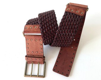 Women's Brown Leather Woven Belt