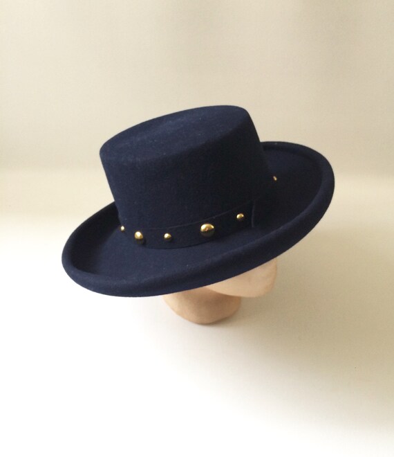 Vintage Navy Wool Wide Rimmed Womens Hat and Hat … - image 5