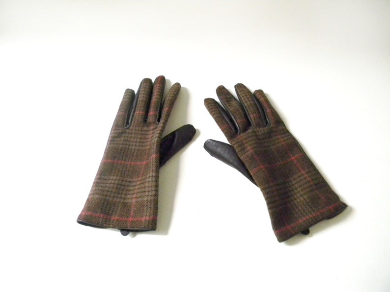 Vintage Womens Plaid & Leather Gloves image 2