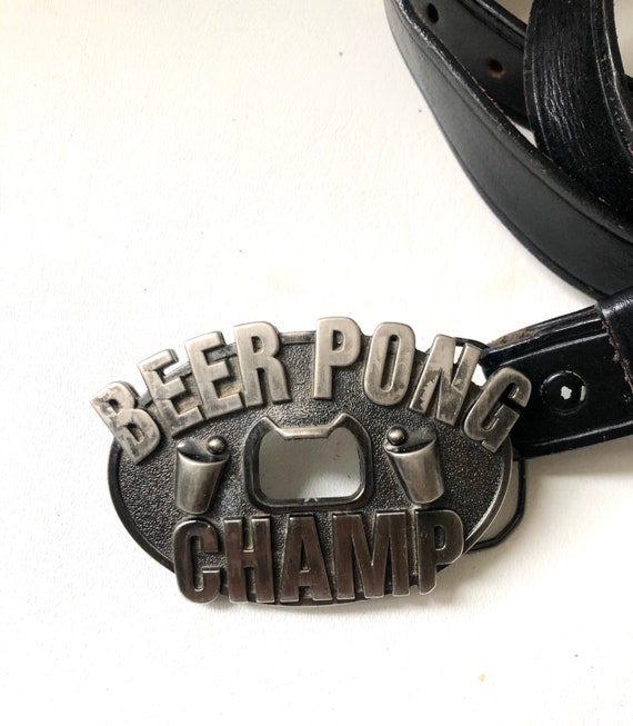 Vintage Black Leather Belt with Beer Pong Buckle /