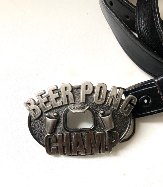 Vintage Black Leather Belt with Beer Pong Buckle / Beer Pong Belt Buckle
