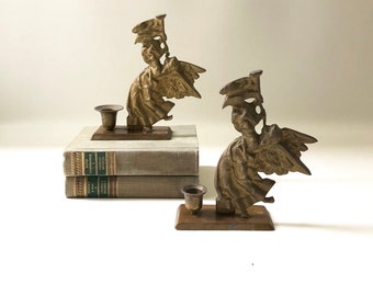 Antique Brass Decorative Angel  Candlestick Holders / Set of Two