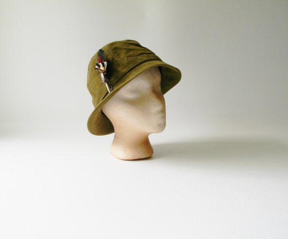 Vintage Olive Green Felt Fedora with Feather