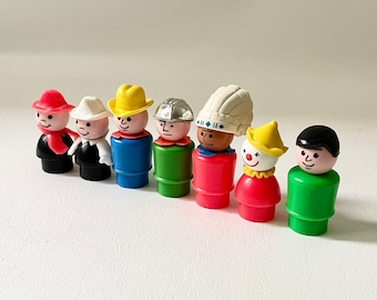 May include: A set of eight vintage plastic figurines, each with a different profession and hat. The figurines are in various colors, including red, blue, green, yellow, and white.