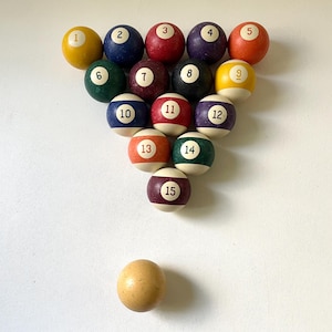 May include: A collection of fifteen numbered billiard balls arranged in a triangle, with a cue ball positioned separately. The balls are in various colors, including yellow, blue, red, purple, orange, green, and black, each with a white number.