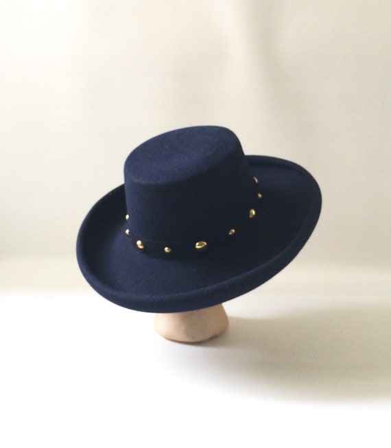 Vintage Navy Wool Wide Rimmed Womens Hat and Hat … - image 3