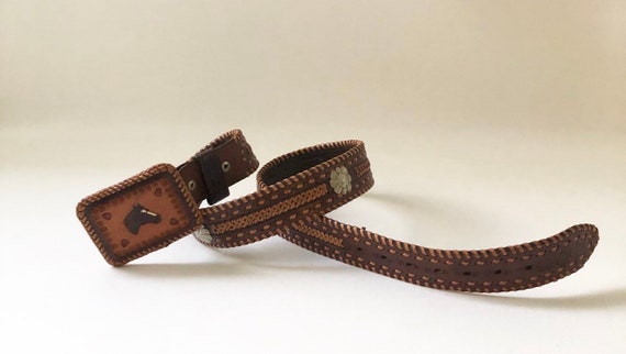 Vintage Woven Leather Belt with A Horse Belt Buck… - image 5