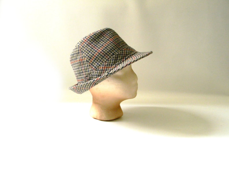 May include: A brown, gray, and red plaid fedora hat with a wide brim.