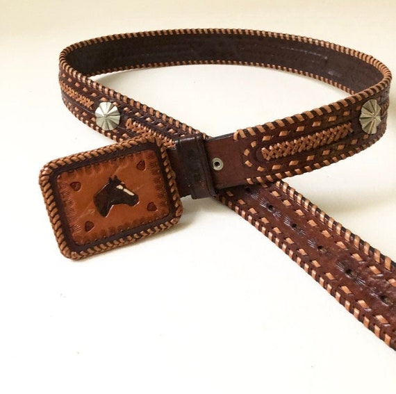 Vintage Woven Leather Belt with A Horse Belt Buck… - image 2