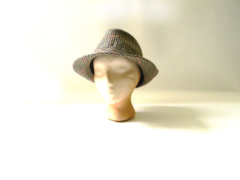 May include: A brown, black, and white plaid fedora hat.