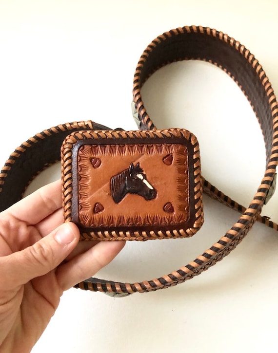 Vintage Woven Leather Belt with A Horse Belt Buck… - image 1