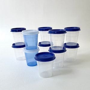 May include: A set of ten clear plastic containers with blue lids. The containers are stacked in a pyramid shape. The containers are graduated in milliliters.