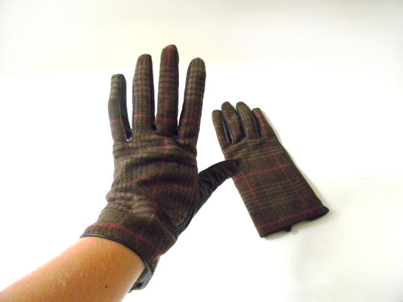 Vintage Womens Plaid & Leather Gloves image 1