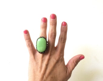 Large Oval Faux Jade Ring / Light Green Oval Stone Ring