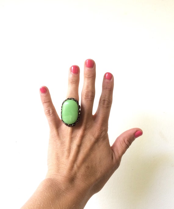 Large Oval Faux Jade Ring / Light Green Oval Stone