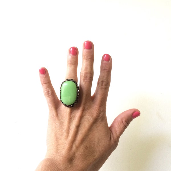 Large Oval Faux Jade Ring / Light Green Oval Stone Ring