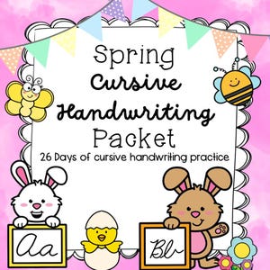 Puede incluir: Un paquete de escritura cursiva de primavera rosa y blanco con conejitos de dibujos animados, un pollito y una abeja. El paquete incluye 26 días de práctica de escritura cursiva. El título está en fuente cursiva negra.
