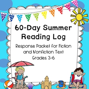 Könnte beinhalten: Eine bunte Illustration eines Sommer-Leselogbuchs für die Klassen 3-6. Das Bild zeigt eine Strandszene mit Sonne, Sonnenschirm, Sandburg und Eimer und Schaufel. Der Text lautet "60-Day Summer Reading Log" und "Response Packet for Fiction and Nonfiction Text".