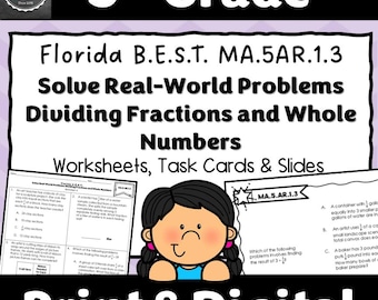 5th Grade Dividing Fractions Word Problems, Task Cards, Worksheets (Digital Download)