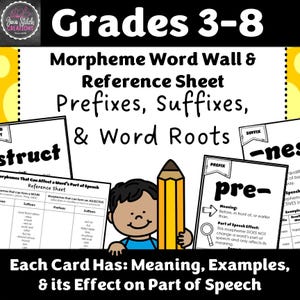 Morpheme Word Wall & Reference Sheet, Prefixes, Suffixes, Roots (Digital Download)