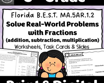 5th Grade Fraction Word Problems, Task Cards, Worksheets (Digital Download)