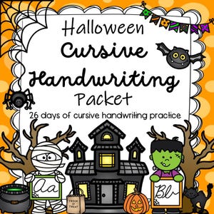Peut inclure: Un paquet d'écriture cursive sur le thème d'Halloween avec une maison hantée noire, une momie, un monstre de Frankenstein, un chat noir et une citrouille. Le paquet comprend 26 jours de pratique de l'écriture cursive. Le fond est orange avec des pois blancs.