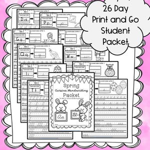 May include: A set of printable handwriting practice sheets for learning cursive. The sheets feature lowercase letters, illustrations, and writing guides. The packet is titled "Spring Cursive Handwriting Packet" and includes the text "26 Day Print and Go Student Packet."