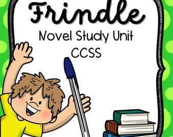 Peut inclure: Illustration de dessin animé pour une unité d'étude du roman "Frindle". L'image présente un enfant souriant tenant un stylo, avec une pile de livres en arrière-plan. Le fond est vert avec des pois blancs. Le texte "CCSS" est également inclus.