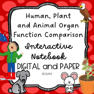 May include: A red background with white polka dots frames a white sign with black text: "Human, Plant and Animal Organ Function Comparison Interactive Notebook DIGITAL and PAPER." Includes cartoon illustrations of a child, dog, mouse, eagle, and plant.