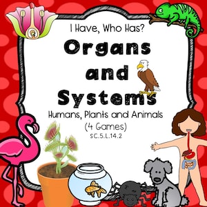 May include: A colorful educational graphic with the text "I Have, Who Has? Organs and Systems." The image includes illustrations of a flamingo, a Venus flytrap, a fishbowl, a dog, a spider, a chameleon, and an eagle, all set against a red background.