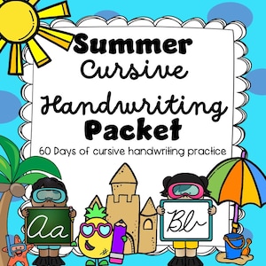 Puede incluir: Una ilustración colorida de un paquete de escritura cursiva con temática de verano. La imagen presenta un sol, una playa, un castillo de arena y dos niños que sostienen carteles con las letras "Aa" y "Bb" escritas en cursiva. El texto "Summer Cursive Handwriting Packet 60 Days of cursive handwriting practice" se muestra en la imagen.