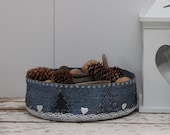 Denim Basket With Christmas Tree Oraments And Lace , Winter Ornament , Christmas basket , Christmas Table Decor , Fabric Container , Storage