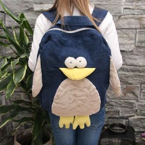 Sac à dos pingouin en denim recyclé pour enfants d’âge préscolaire, sac à dos en denim pour tout-petits, sac à dos en denim recyclé pour enfants d’âge préscolaire, sac à dos en jeans pour enfants